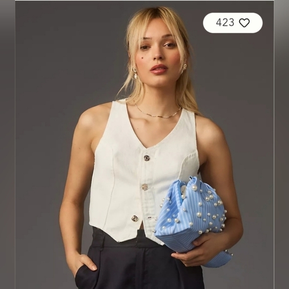 Anthropologie, Maeve,Oversized Frankie Clutch, Blue/White/Pearl - Picture 3 of 8